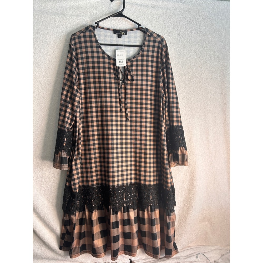Suzanne Betro Black Camel Gingham Lace Trim Drop Waist Dress XL U1604113 NEW